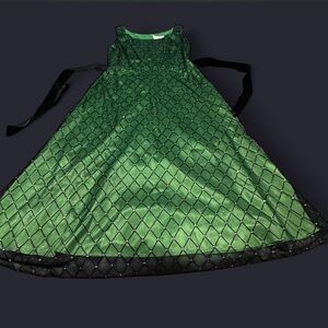 Elegant Green Gown with Black Mesh Overlay